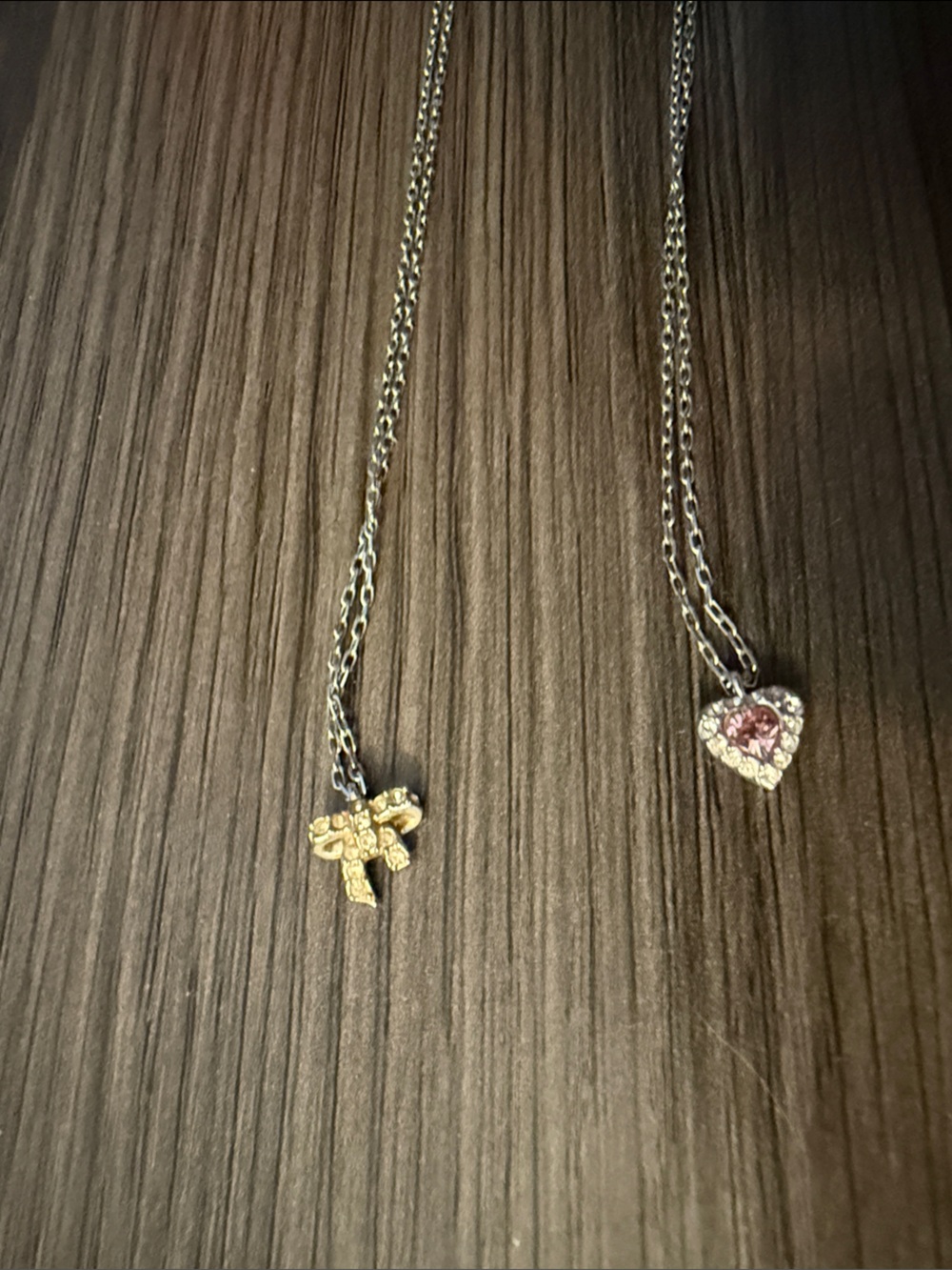 Swarovski silver Pink Heart Crystal and bow Charm Necklace Set
